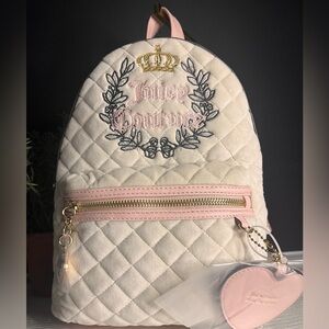 Juicy Couture Quilted Velour Backpack Pink & Cream Royal Crest Heart Charm NWT